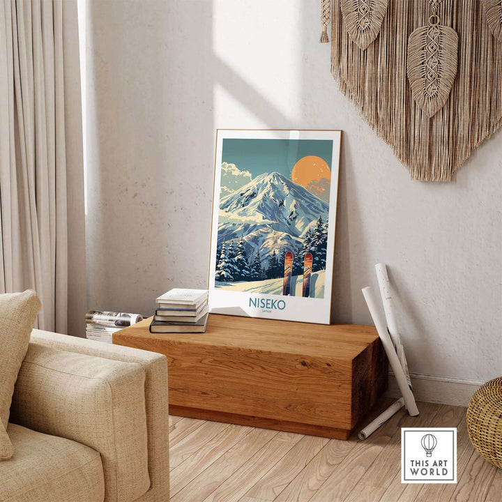 Modern living room featuring a Niseko wall art ski poster, showcasing a scenic mountain landscape with a vibrant sky.