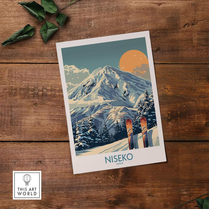 Niseko wall art ski poster featuring snowy mountain landscape with skis, ideal for ski enthusiasts and winter decor.