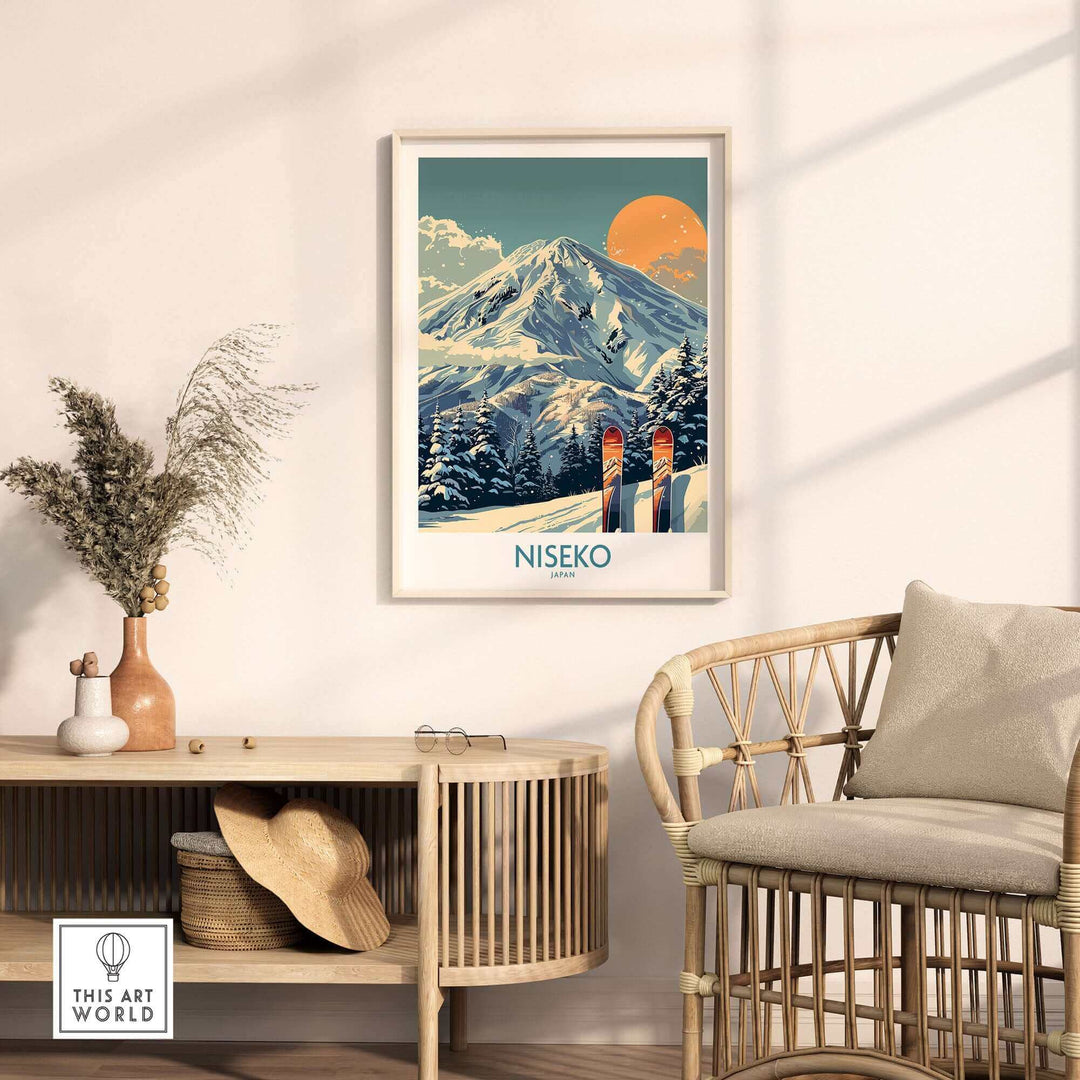 Niseko Wall Art Ski Poster featuring snowy mountain landscape, skis, and sunset, perfect decor for ski enthusiasts.