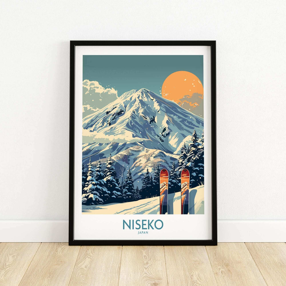 Niseko wall art ski poster featuring snow-covered mountain with skis in foreground, perfect for winter sports enthusiasts.