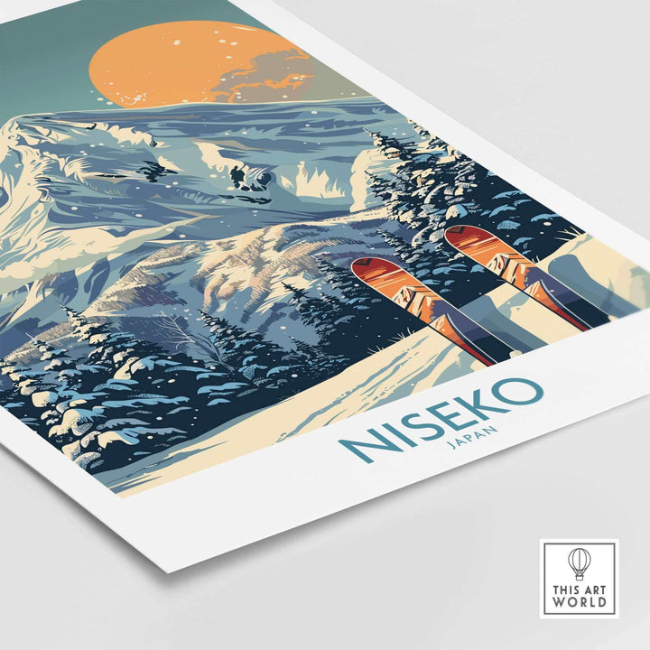 Niseko wall art ski poster featuring snowy mountains and skis, perfect for ski enthusiasts and winter decor.