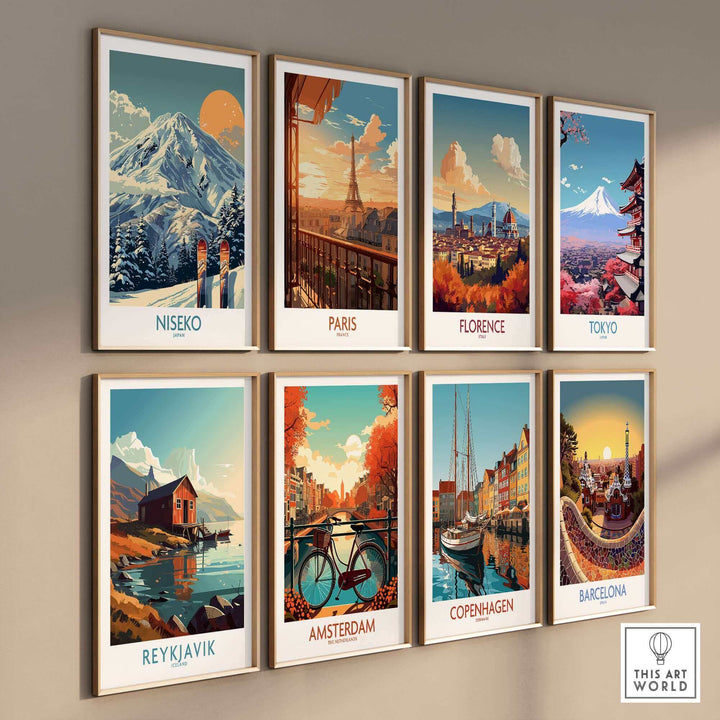 Collection of ski and travel posters featuring stunning art prints of Niseko, Paris, Florence, Tokyo, Reykjavik, Amsterdam, Copenhagen, Barcelona.