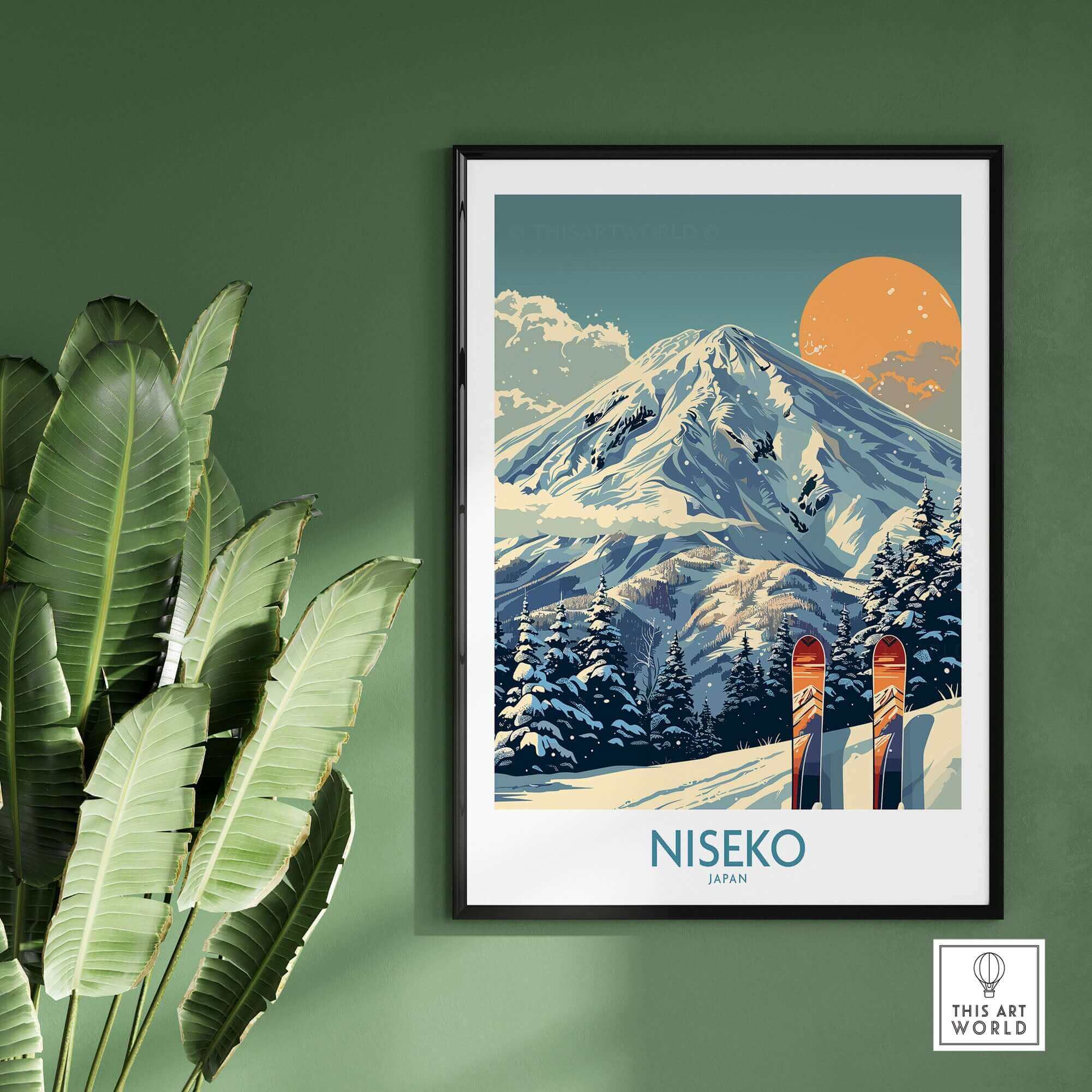 Niseko Wall Art Ski Poster featuring snow-covered mountain and skis against a green wall background.