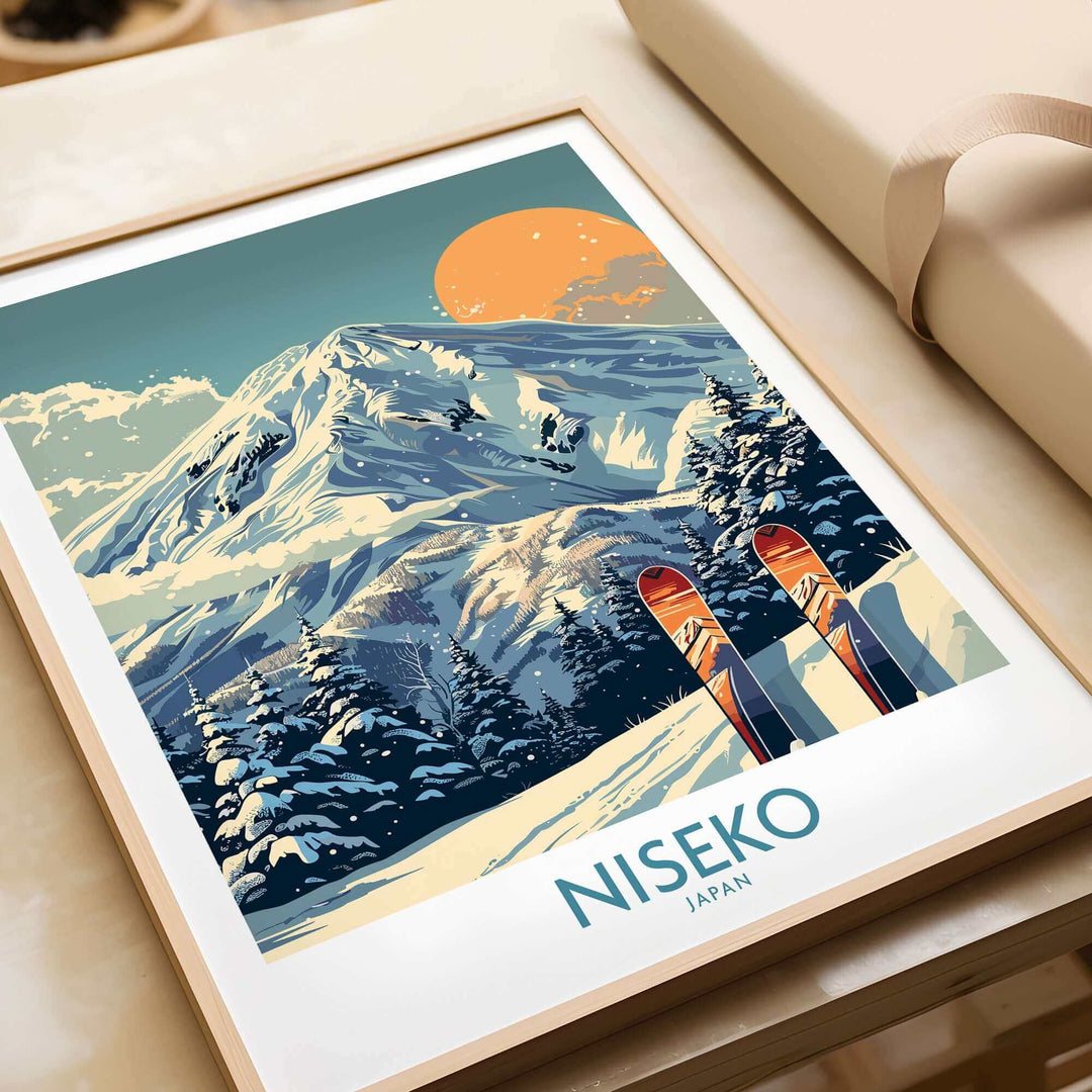 Niseko Wall Art Ski Poster featuring snowy mountains and skis, perfect for winter sports enthusiasts and decor lovers.