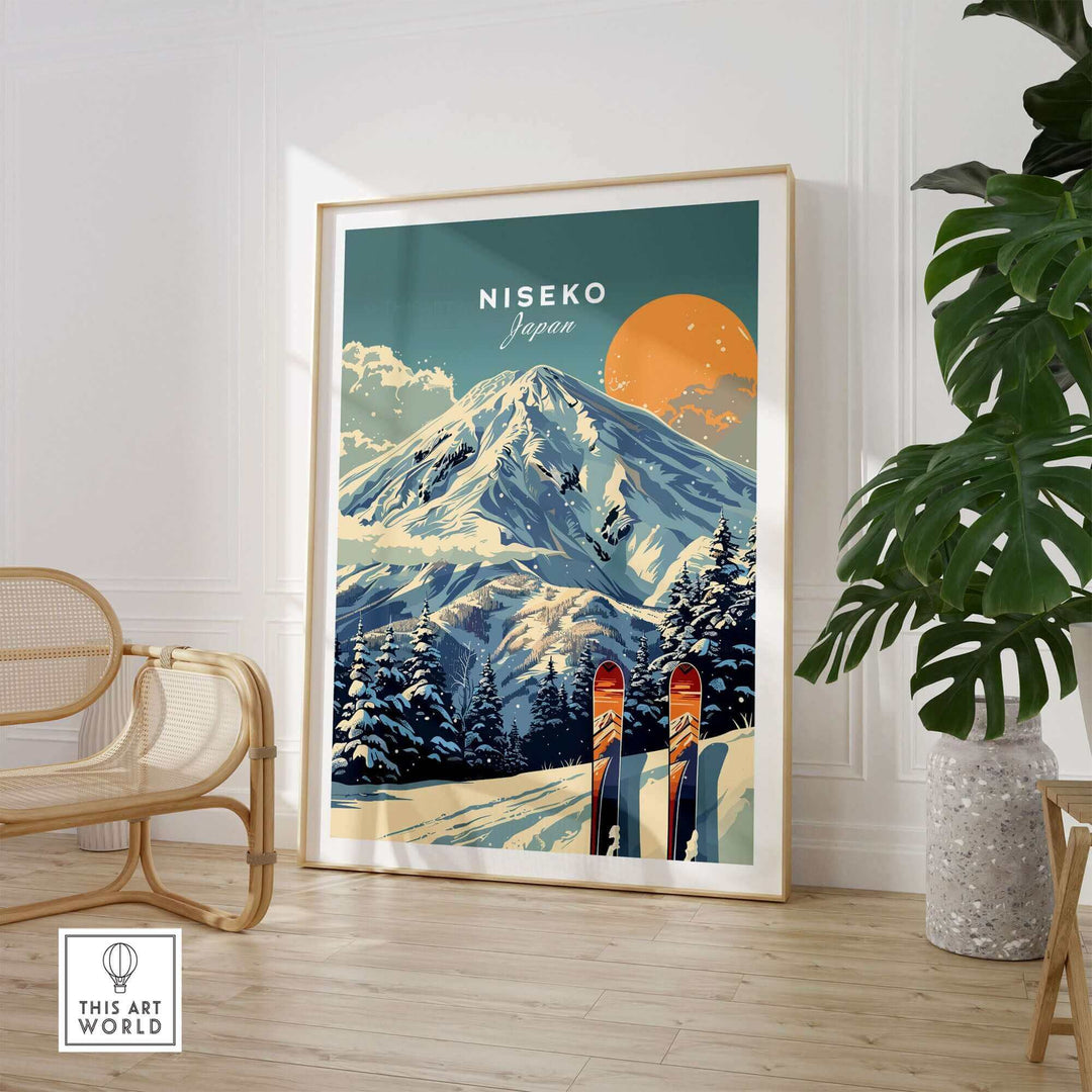 Niseko wall art ski print featuring a snowy mountain landscape with skis, perfect for home decor enthusiasts and nature lovers.