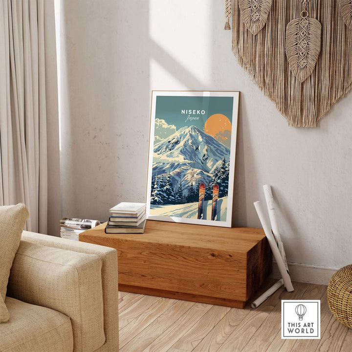 Niseko wall art ski print displayed on wooden bench in cozy living room with woven wall decor.