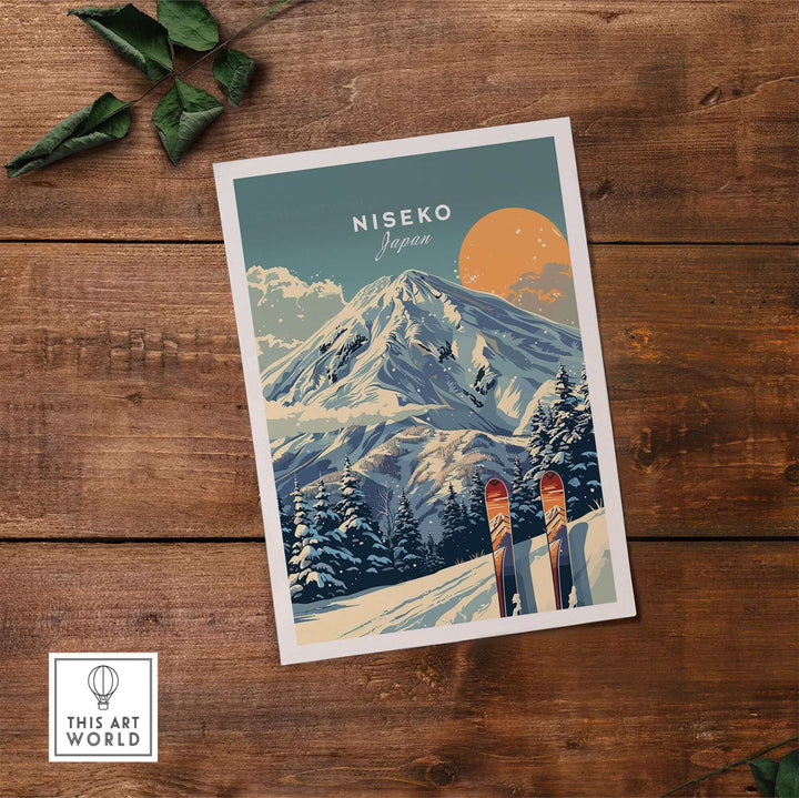 Niseko Japan ski print wall art featuring snowy mountain landscape with skis, perfect decor for ski enthusiasts.