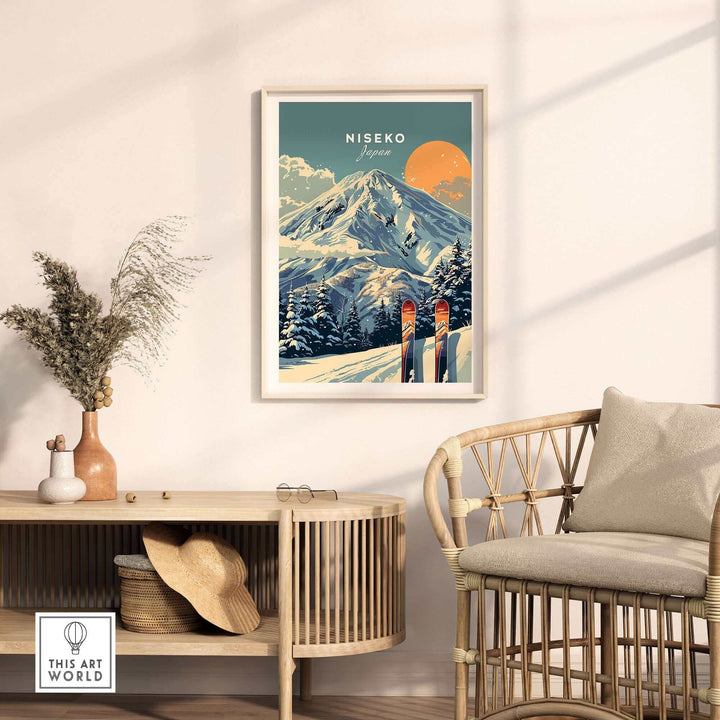 Niseko Wall Art Ski Print in cozy room decor with mountain landscape and skis, perfect for winter sports enthusiasts.