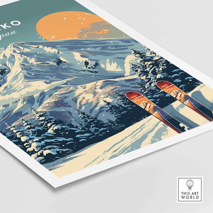 Niseko wall art ski print featuring snowy mountain landscape with skis, sunset background, modern home decor