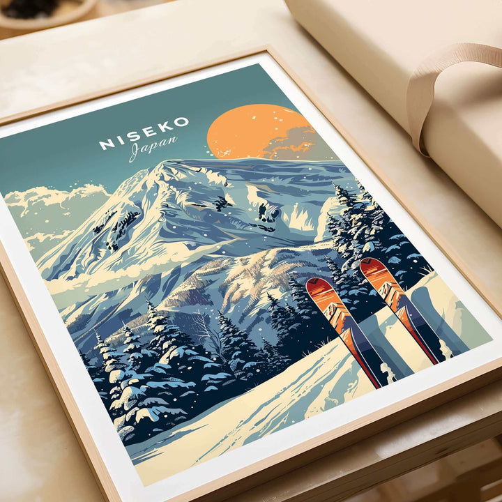 Niseko ski print wall art featuring a snowy mountain landscape and skis, perfect for home decor and winter sports enthusiasts.