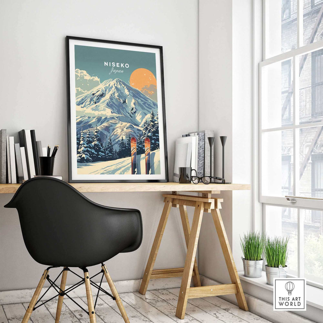 Niseko Wall Art Ski Print displayed in modern office with black chair and desk