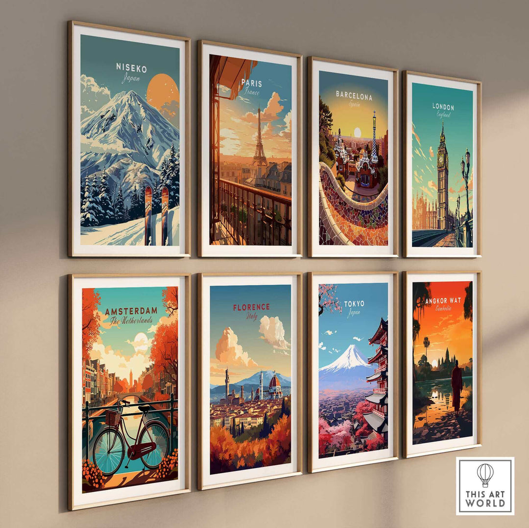 Collection of framed travel-themed wall art prints featuring Niseko, Paris, Barcelona, London, Amsterdam, Florence, Tokyo, and Angkor Wat.