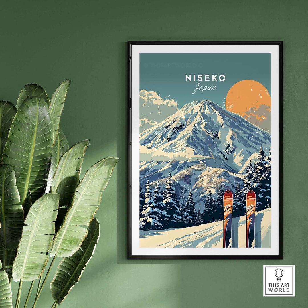 Niseko ski print wall art featuring snow-covered mountains and skis, displayed in a modern frame with a green background.