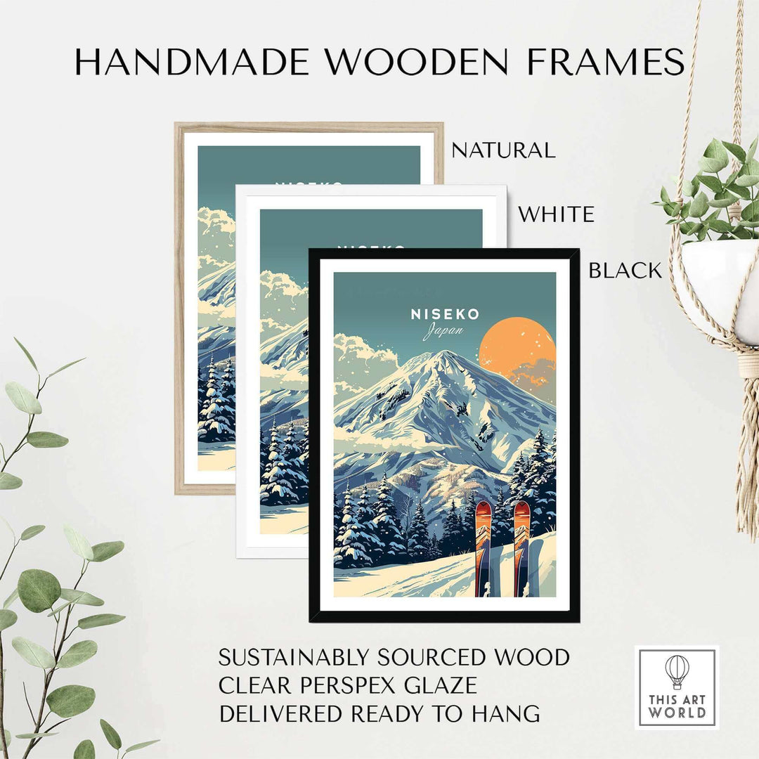 Niseko Ski Wall Art with Handmade Wooden Frame in Natural, White, and Black Colors