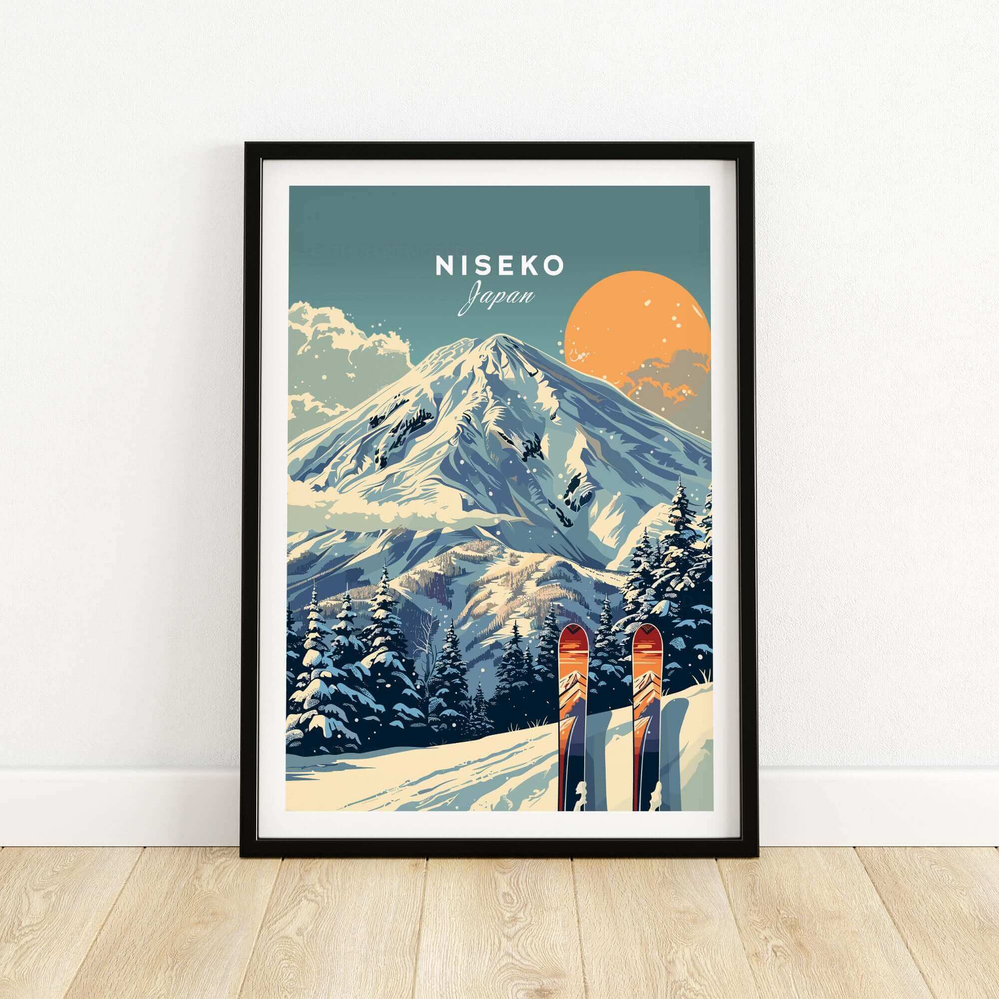 Niseko ski wall art print featuring snowy mountain landscape with skis, perfect for home decor and skiing enthusiasts.