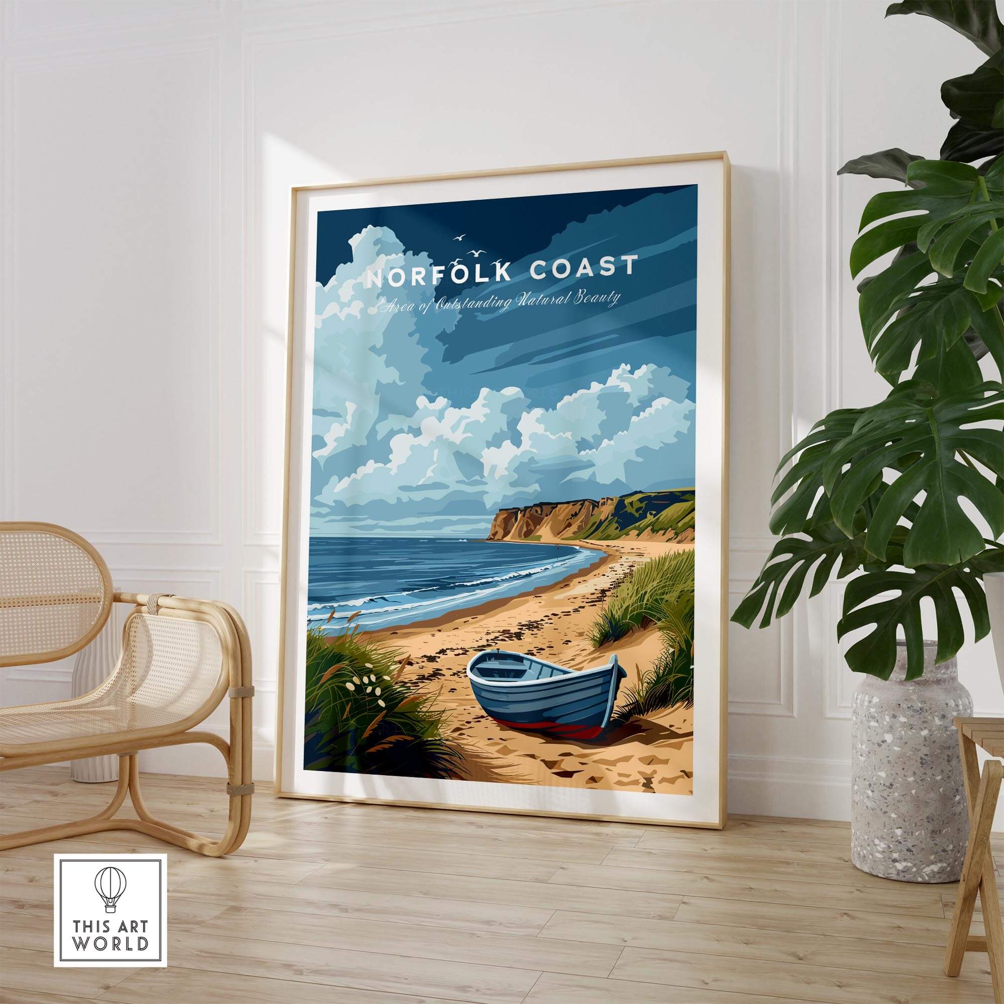 Norfolk Coast Art Print featuring vibrant landscapes and a traditional boat by the beach, perfect for nature lovers.