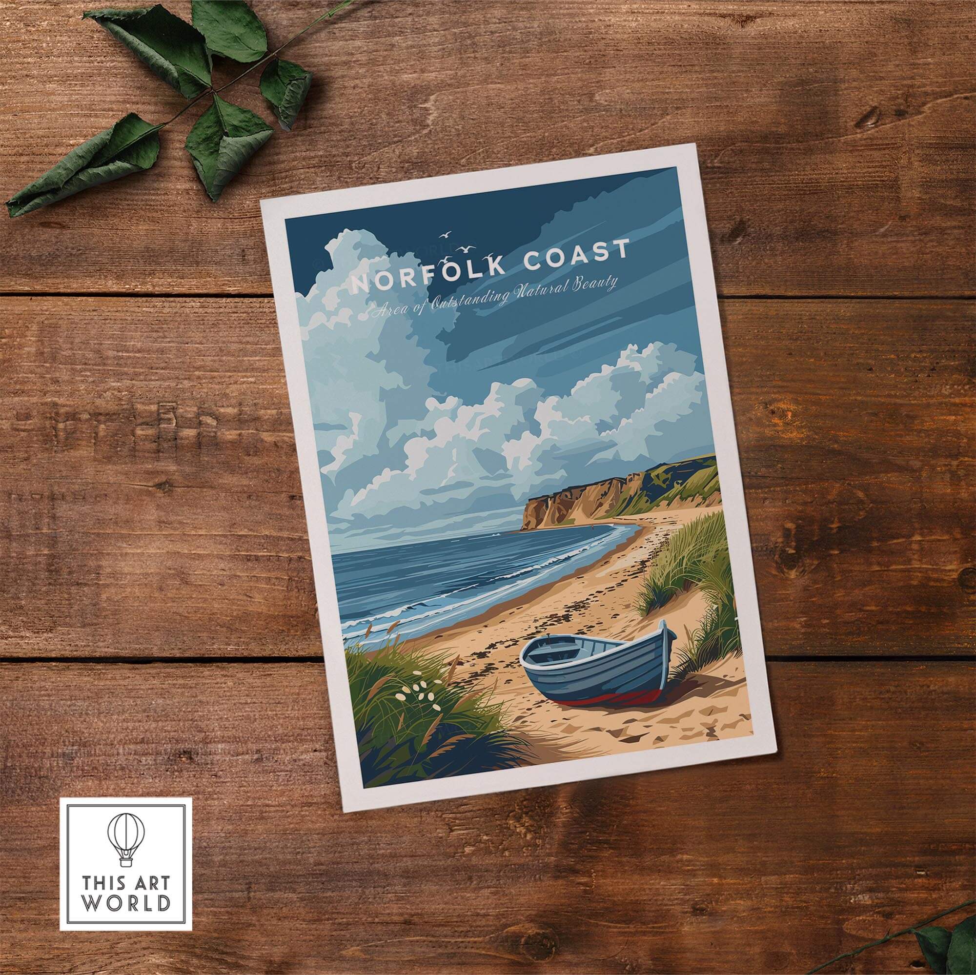 Norfolk Coast Art Print showcasing vibrant coastal scenery and a boat by the beach, perfect for art lovers.
