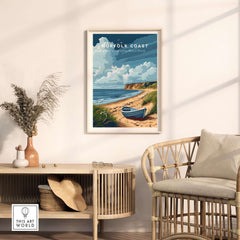 Norfolk Coast Art Print featuring a coastal scene with a boat, vibrant colors, and a serene landscape.