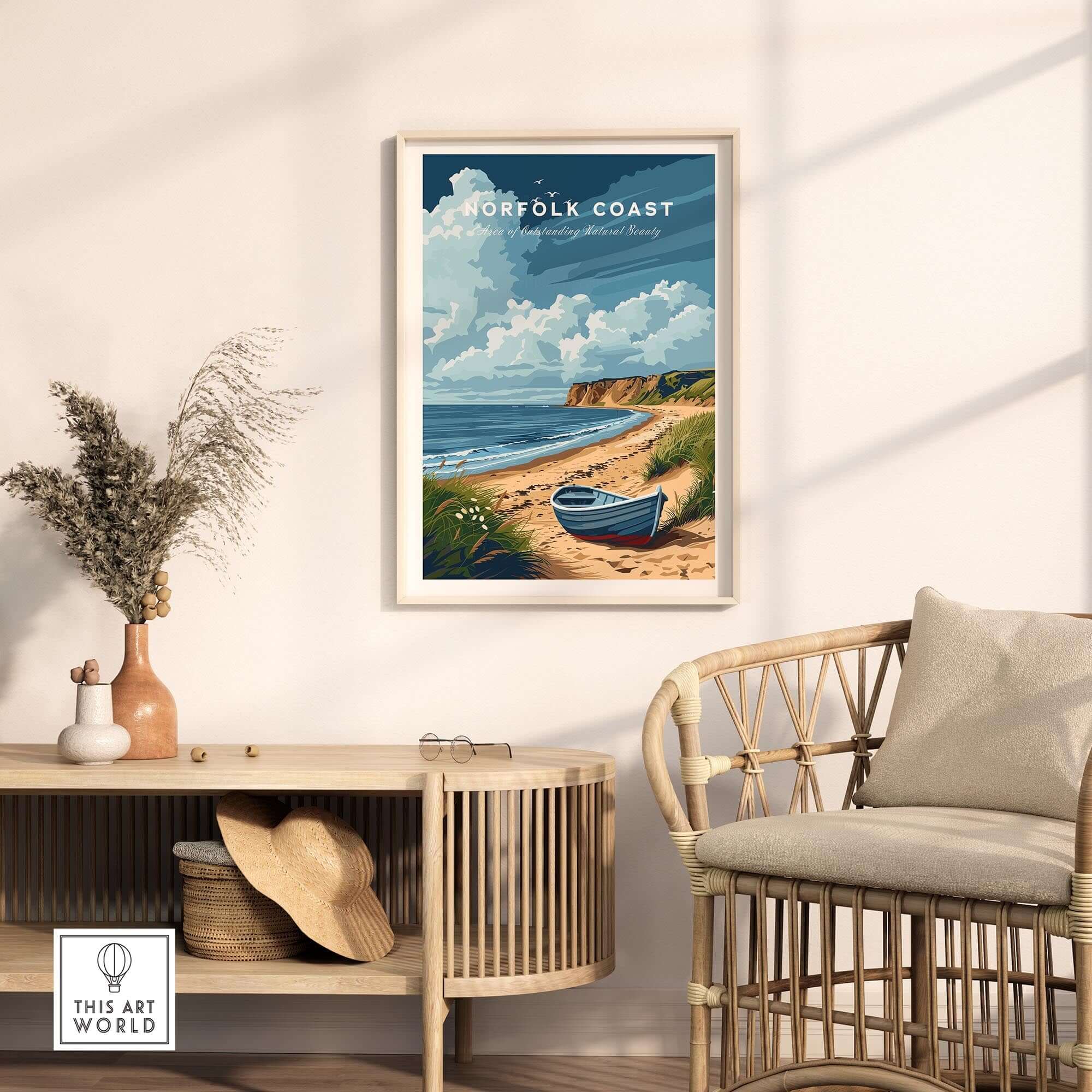 Norfolk Coast Art Print featuring a coastal scene with a boat, vibrant colors, and a serene landscape.