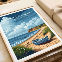 Norfolk Coast Art Print featuring a serene beach scene with a boat, capturing the beauty of Norfolk's landscapes.