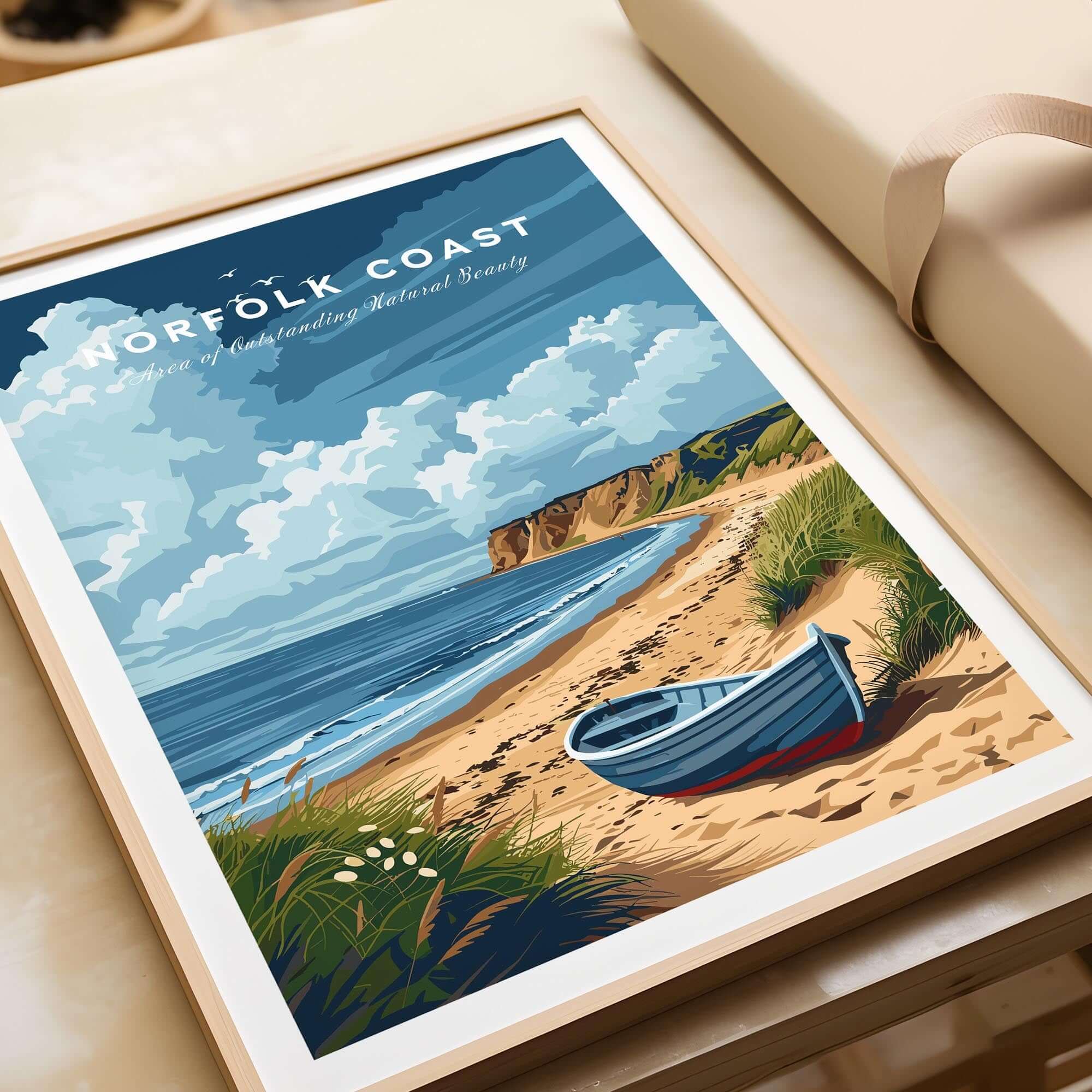 Norfolk Coast Art Print featuring a serene beach scene with a boat, capturing the beauty of Norfolk's landscapes.