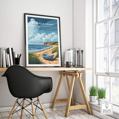 Norfolk Coast Art Print displayed in a modern room, showcasing stunning coastal landscape and vibrant colors.