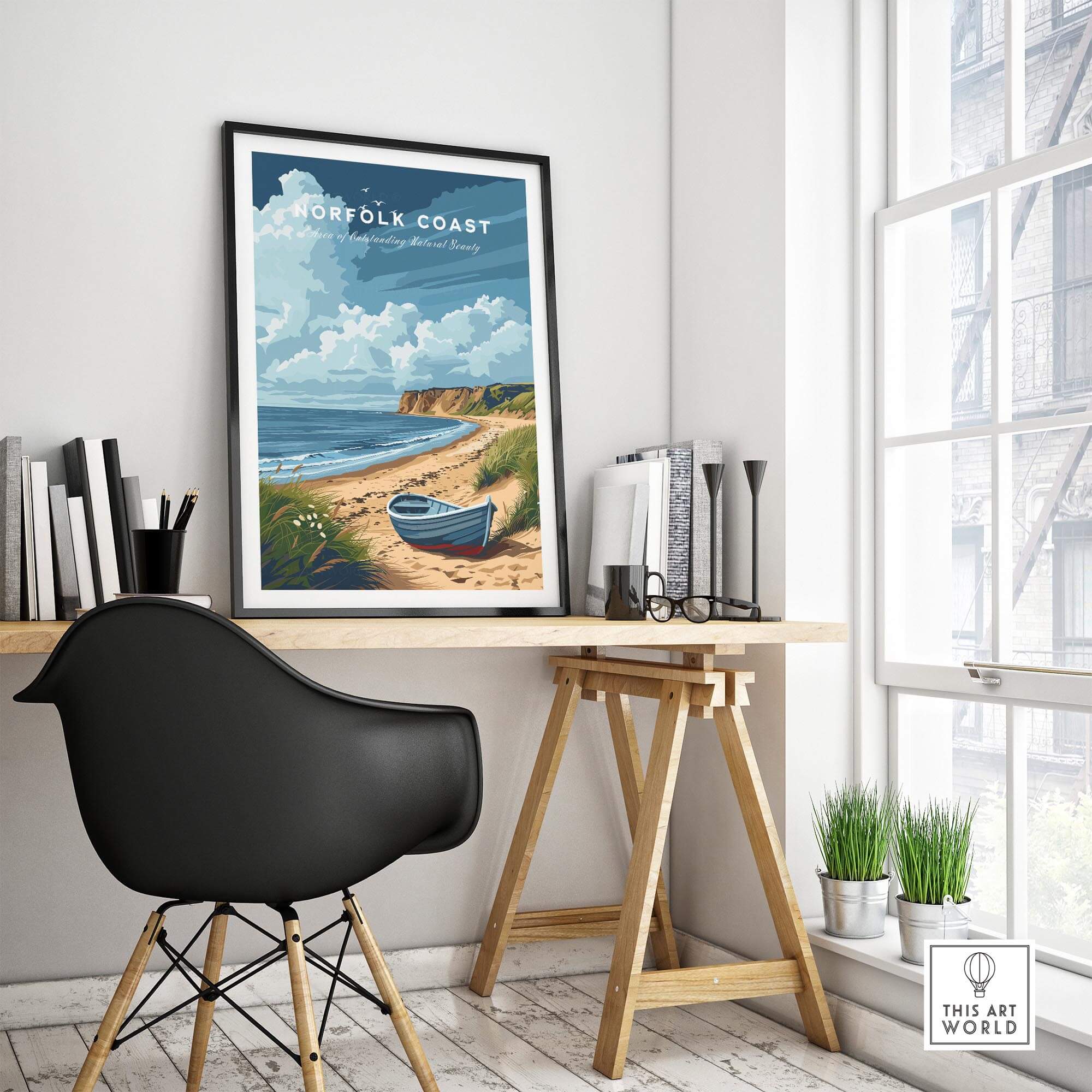 Norfolk Coast Art Print displayed in a modern room, showcasing stunning coastal landscape and vibrant colors.