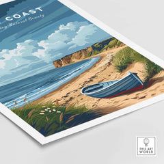 Norfolk Coast Art Print featuring a scenic beach with a boat on the sand and dramatic coastal cliffs in the background.