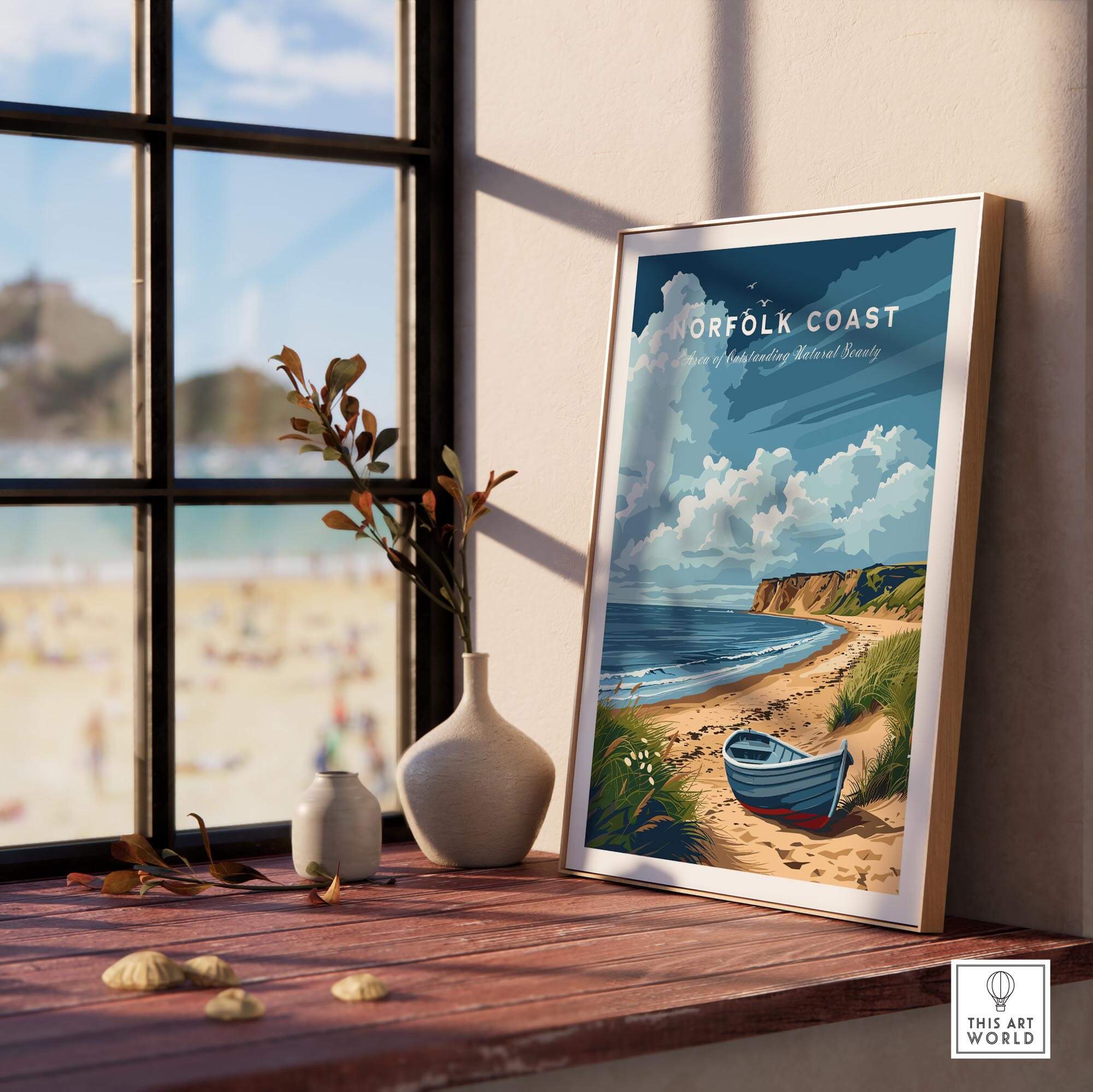 Norfolk Coast Art Print displayed in a modern interior setting, showcasing vibrant coastal scenery.