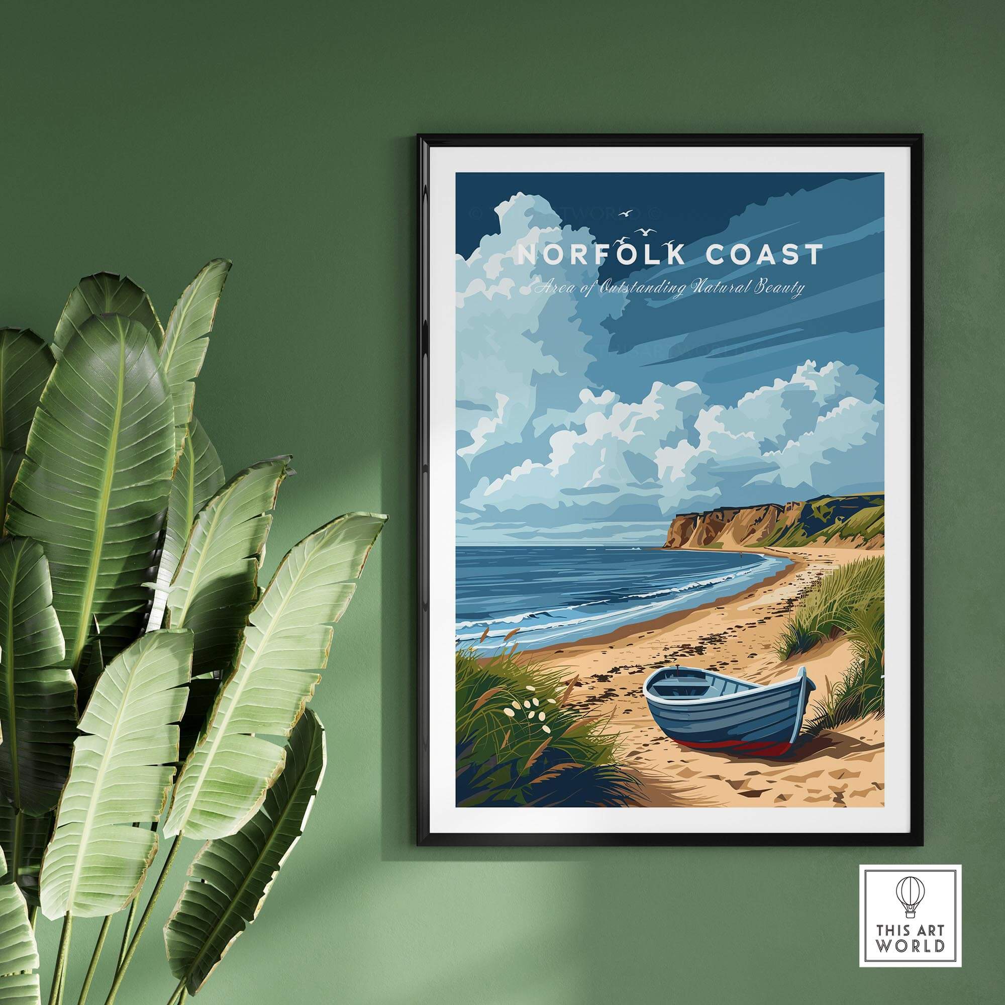 Norfolk Coast Art Print featuring a scenic beach view with a boat and lush greenery.