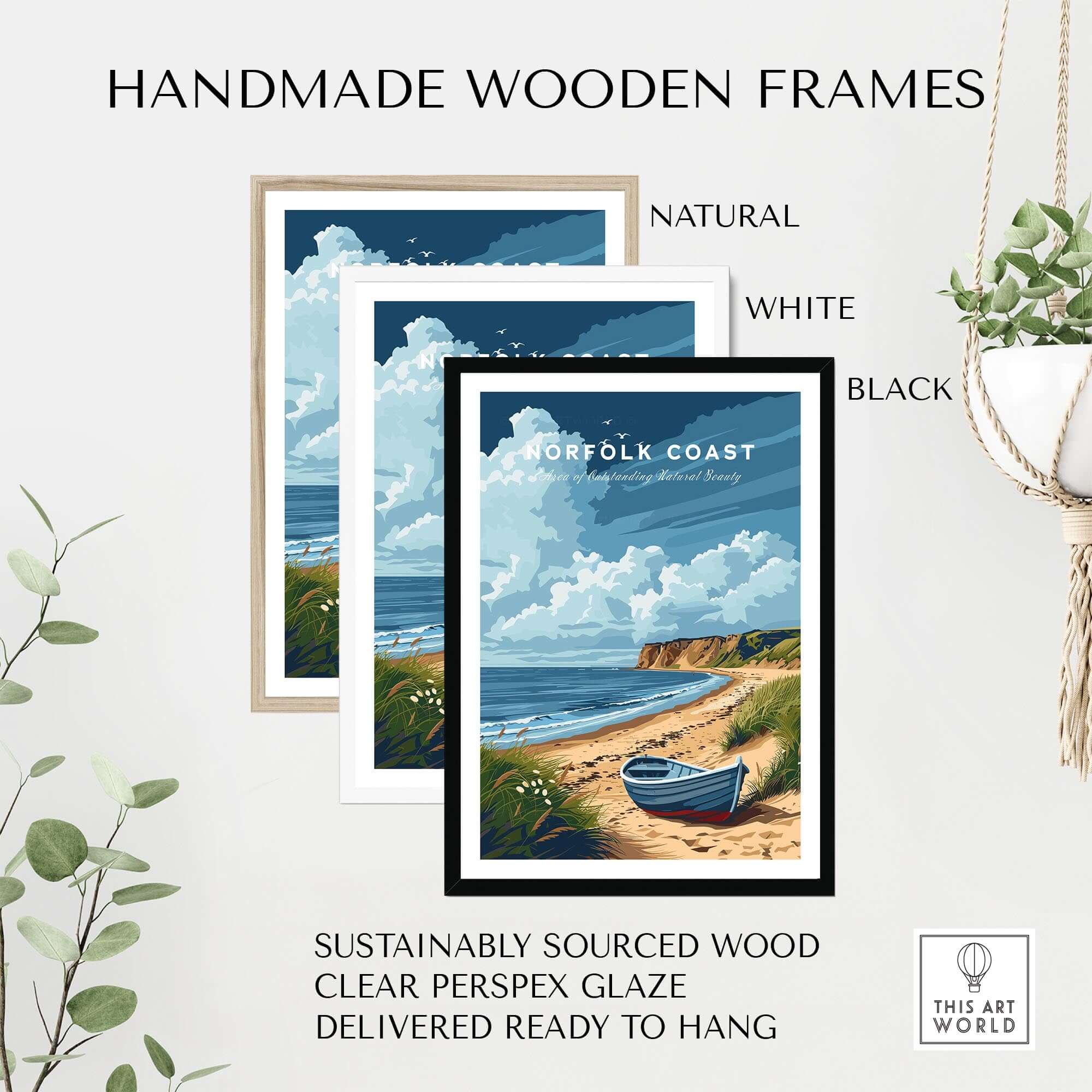 Norfolk Coast Art Print displayed in handmade wooden frames—natural, white, and black—ready to hang.