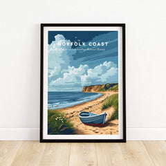 Norfolk Coast Art Print showcasing a boat on the beach with vibrant landscapes and colors.