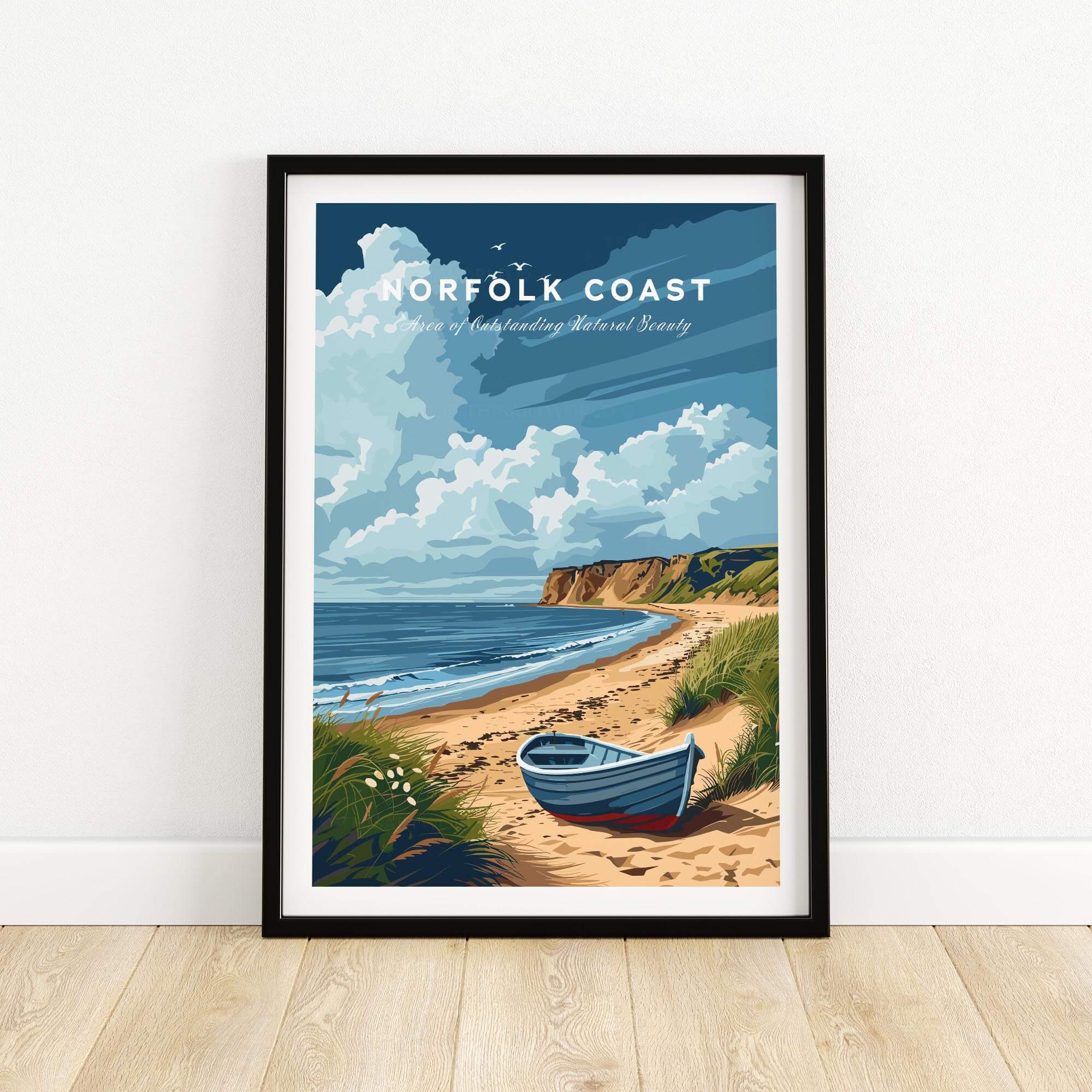 Norfolk Coast Art Print showcasing a boat on the beach with vibrant landscapes and colors.