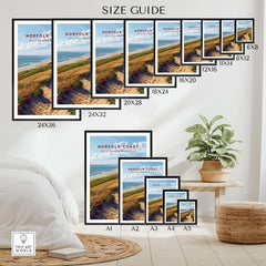 Size guide for Norfolk Coast Poster showing various frame sizes and dimensions for home decor.