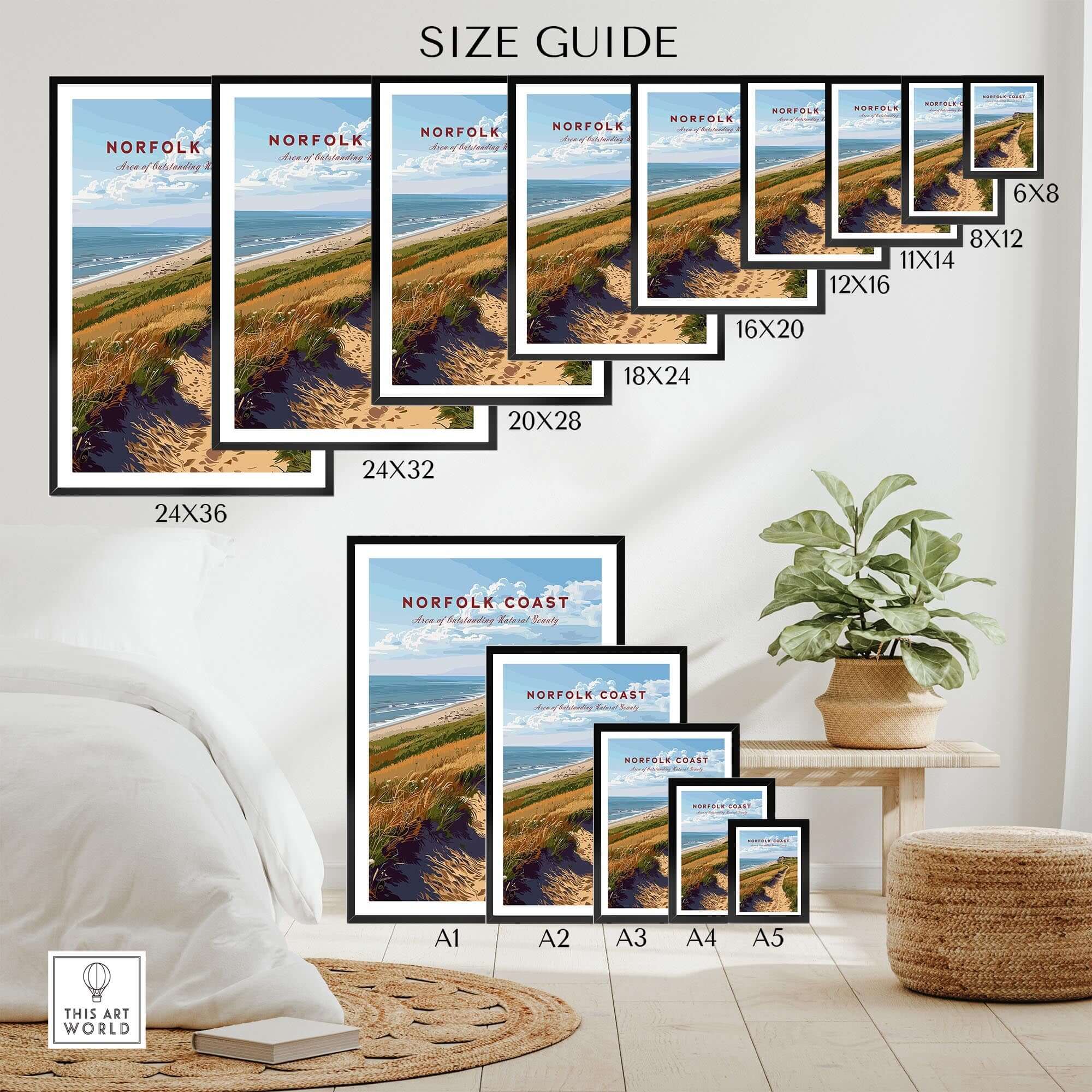 Size guide for Norfolk Coast Poster showing various frame sizes and dimensions for home decor.