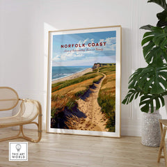 Norfolk Coast Poster showcasing serene landscapes and picturesque views of the Norfolk coast in a stylish interior setting.