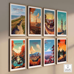 A collection of travel posters, including a Norfolk Coast Poster showcasing scenic landscapes.