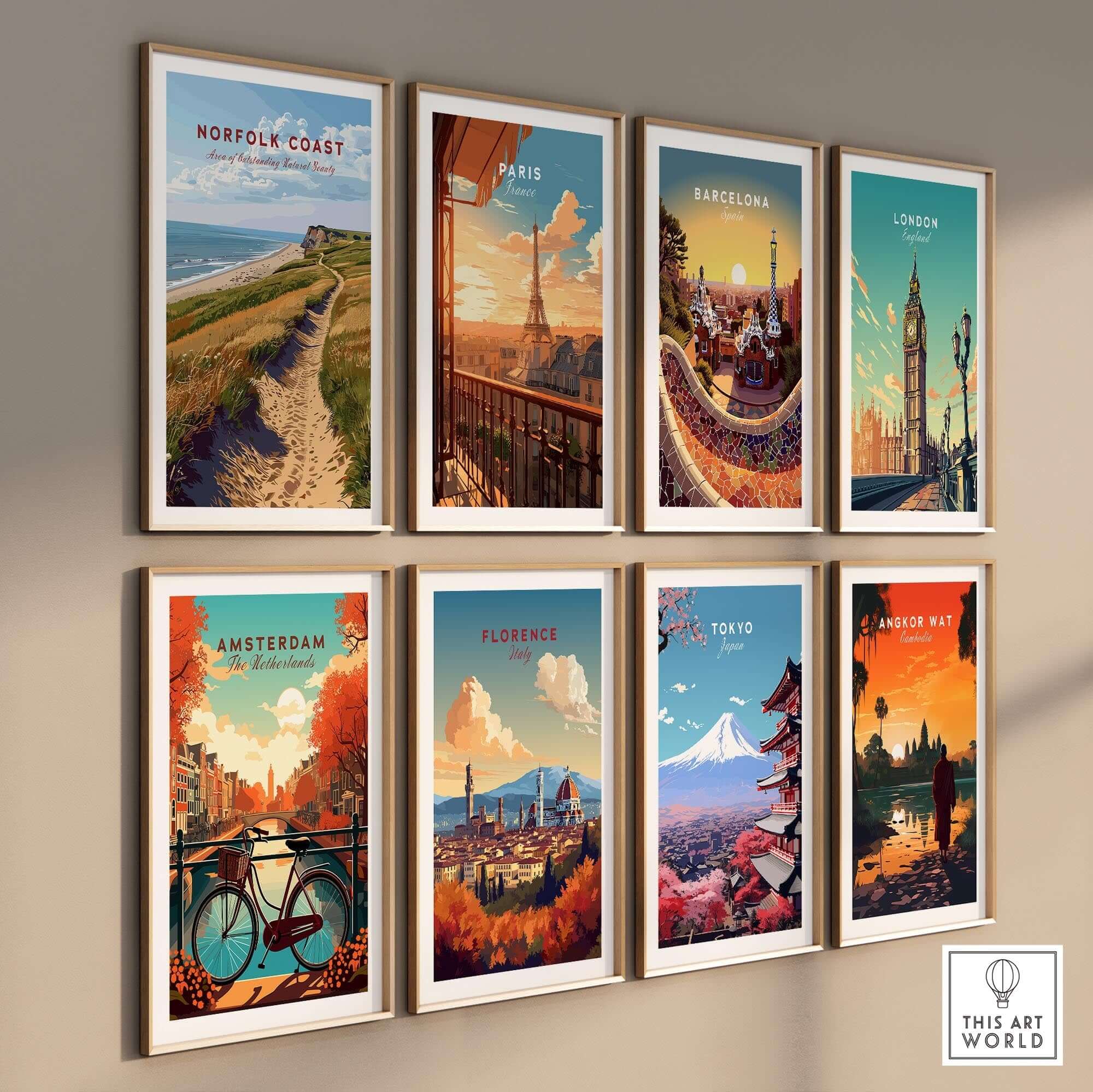 A collection of travel posters, including a Norfolk Coast Poster showcasing scenic landscapes.