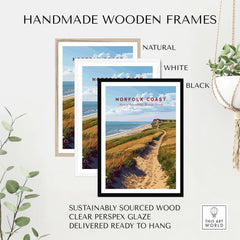 Norfolk Coast Poster framed in handmade wooden frames in natural, white, and black colors.