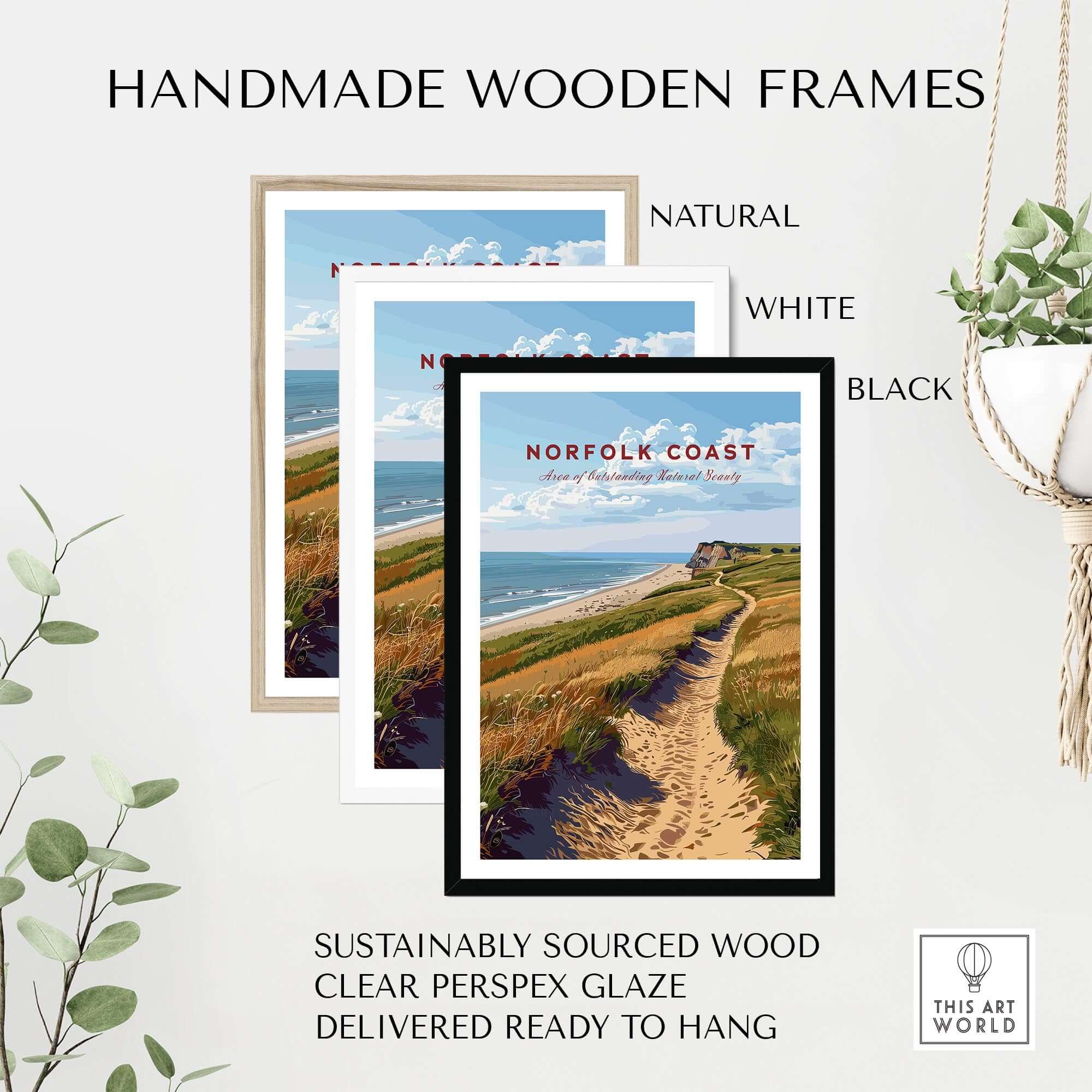 Norfolk Coast Poster framed in handmade wooden frames in natural, white, and black colors.