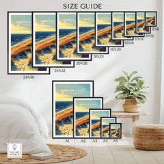 Size guide for Norfolk Coast Poster Print showcasing various frame sizes.