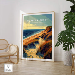 Norfolk Coast Poster Print featuring a scenic coastal view with golden dunes and blue waters, ideal for home decor.
