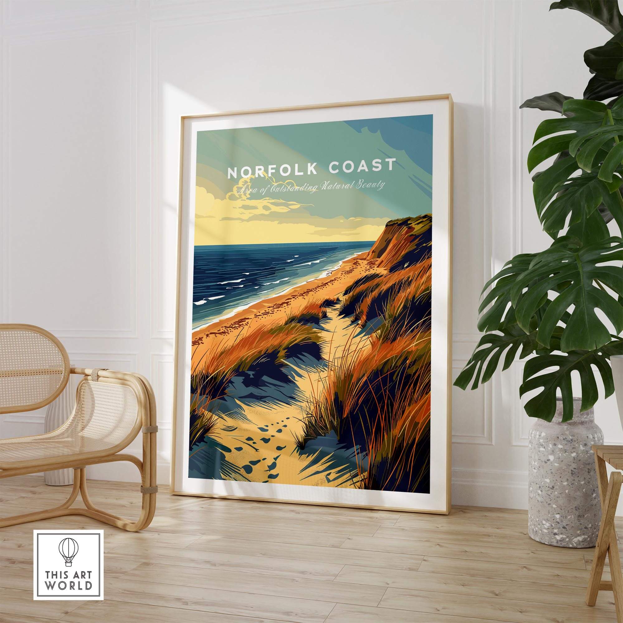 Norfolk Coast Poster Print featuring a scenic coastal view with golden dunes and blue waters, ideal for home decor.