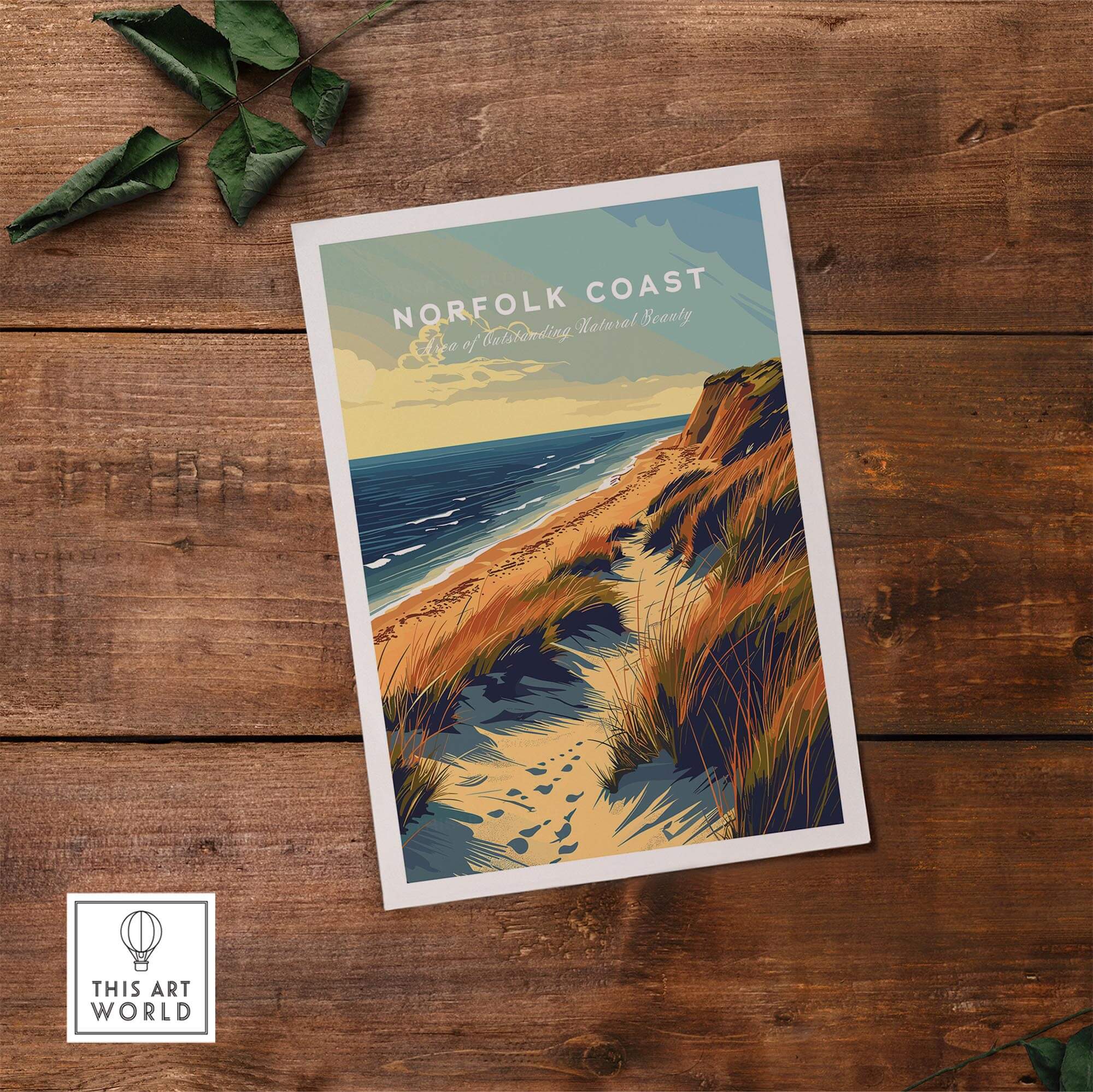 Norfolk Coast Poster Print showcasing beautiful coastline scenery with sandy dunes and calm waters.