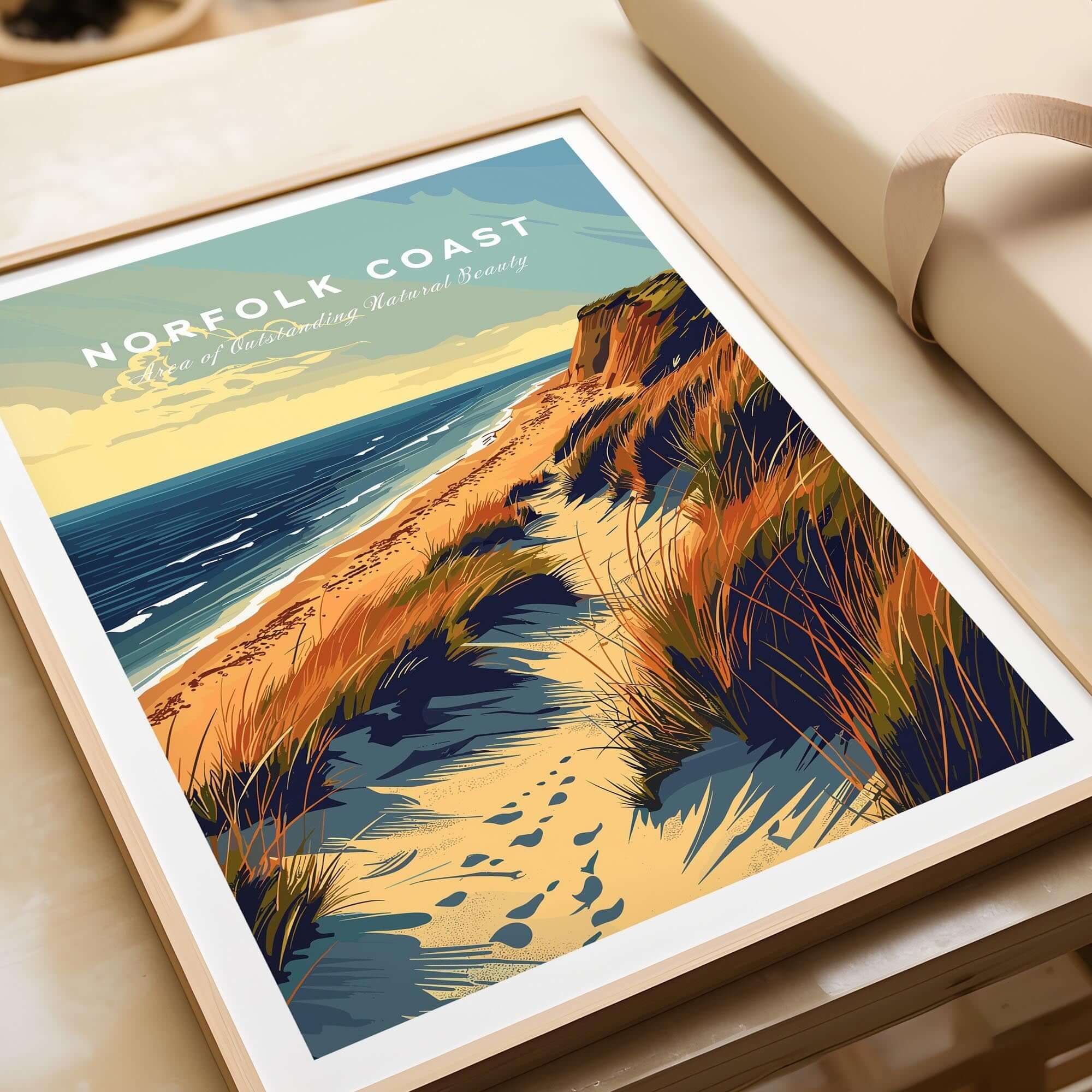 Norfolk Coast Poster Print showcasing stunning coastline art, capturing the beauty of England's Norfolk Coast.