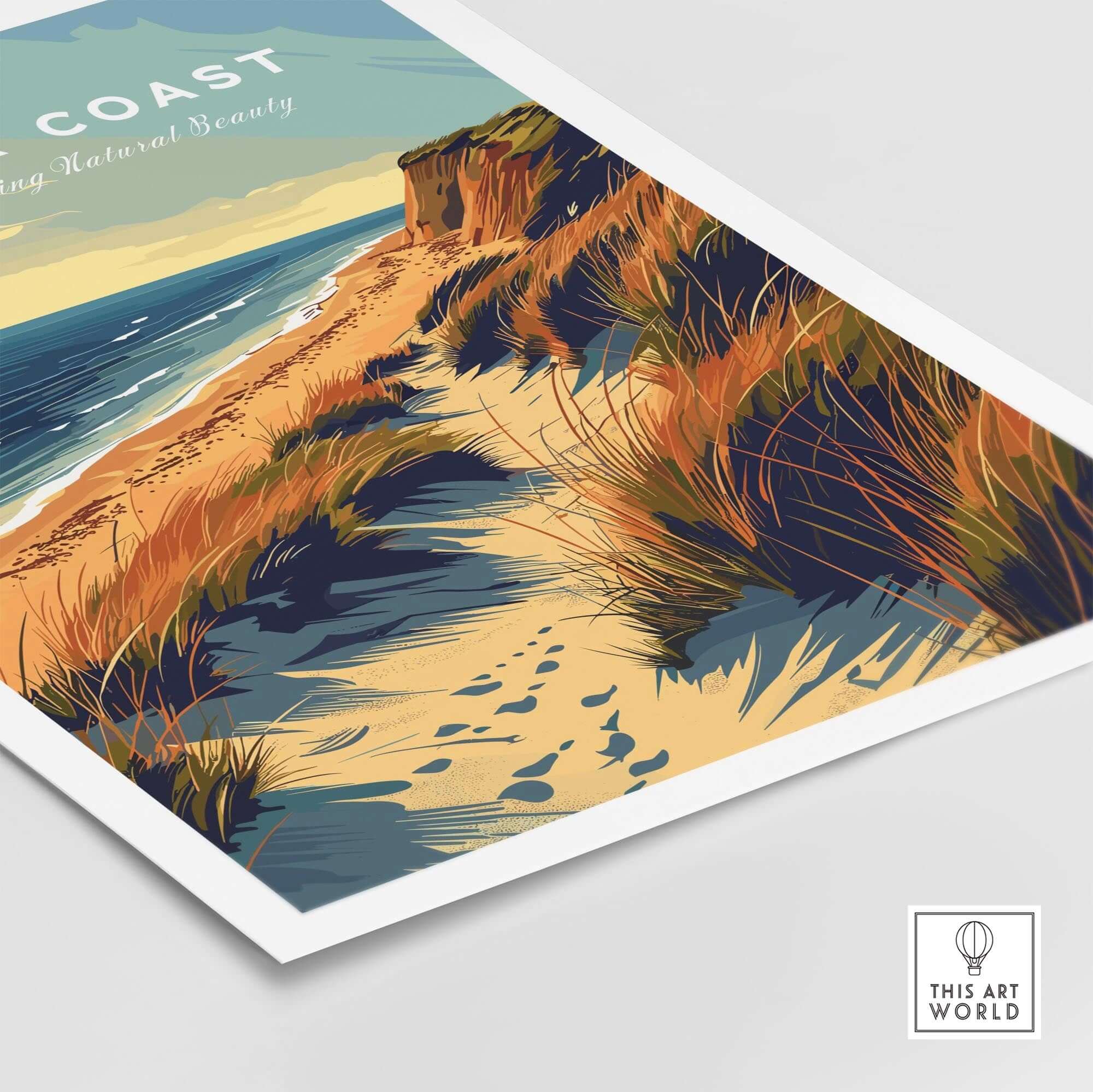 Norfolk Coast Poster Print showcasing the sandy beach and vibrant coastal grass landscape.