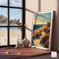 Norfolk Coast Poster Print displayed in a serene beachside setting, illustrating the beauty of the Norfolk coastline.