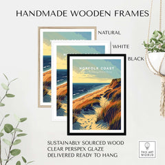 Handmade wooden frames for Norfolk Coast Poster Print in natural, white, and black finishes. Sustainably sourced wood.