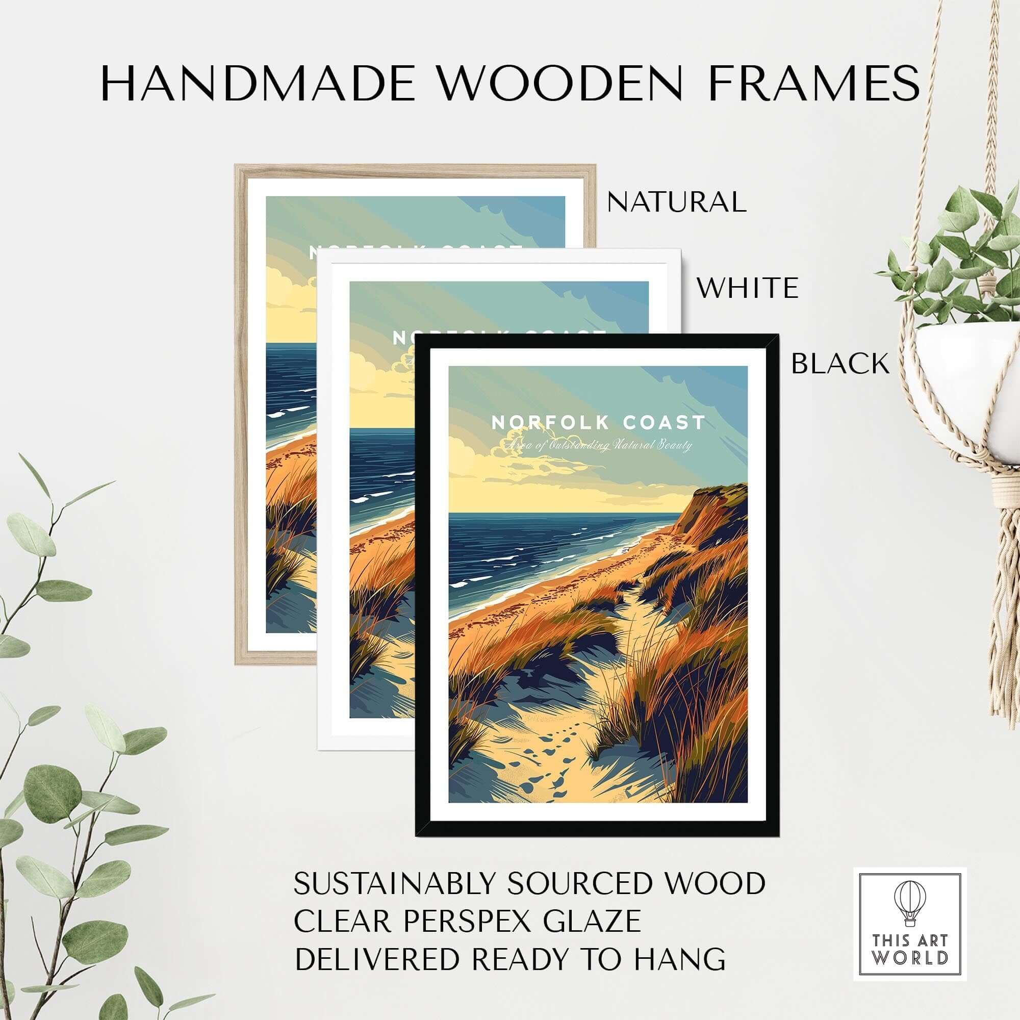 Handmade wooden frames for Norfolk Coast Poster Print in natural, white, and black finishes. Sustainably sourced wood.