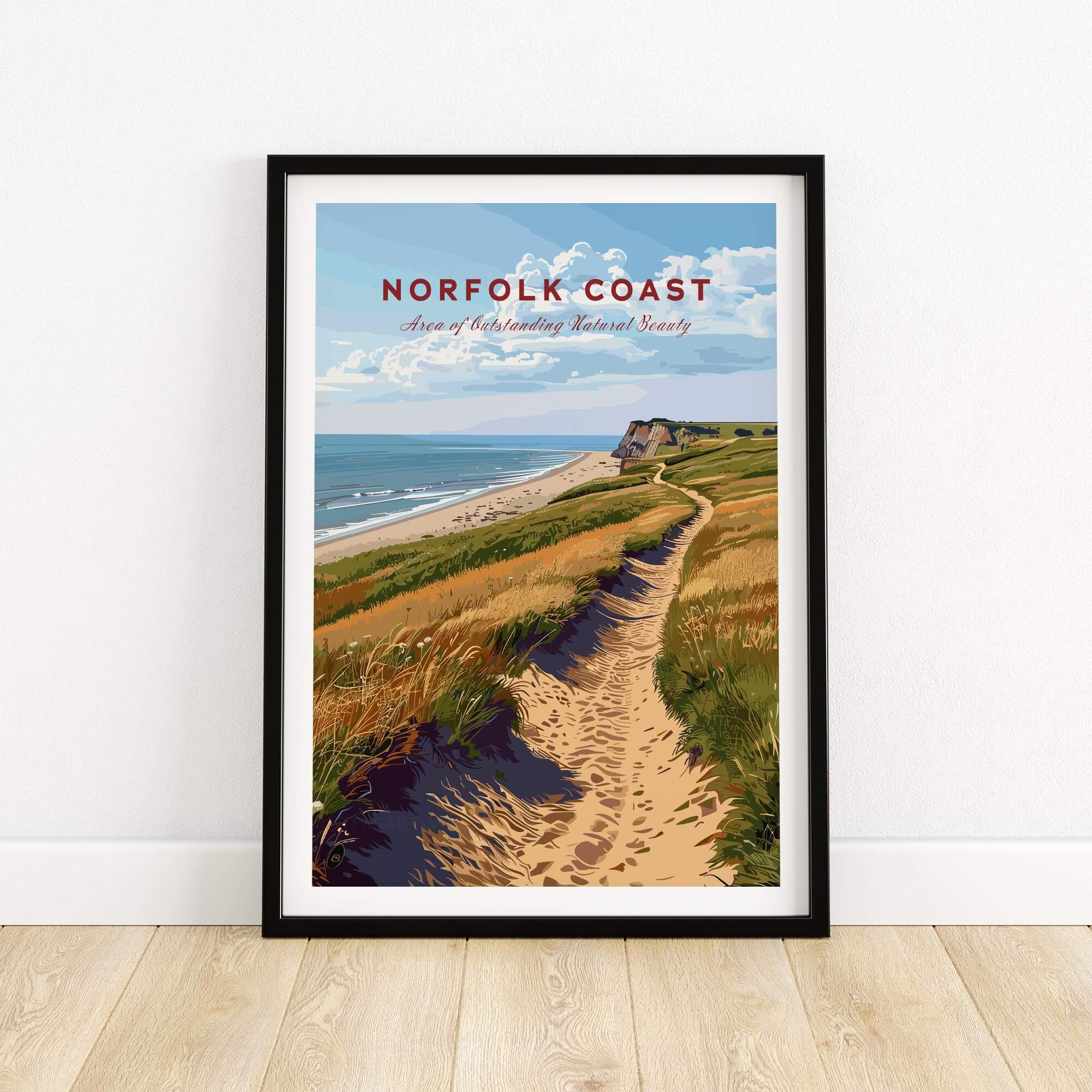 Norfolk Coast Poster showcasing a scenic path along the beach in an Area of Outstanding Natural Beauty.